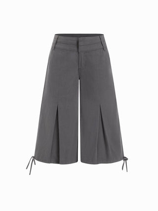 Washed Denim Low Rise Drawstring Hem Pleated Oversized Jogger Bermuda Jorts