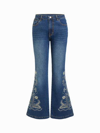 Stretch Denim Floral Embroidery High Rise Flared Trousers