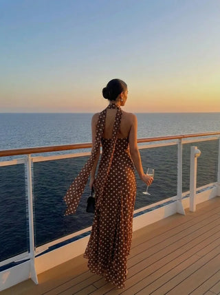 Chiffon Halter Neckline Polka Dot Ruffled Hem Ruched Maxi Dress