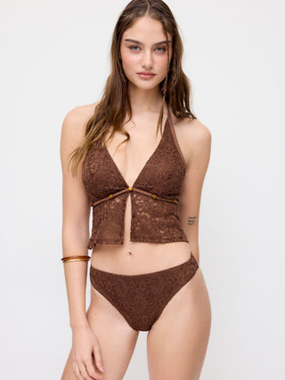 Lace Halter Neckline Floral Cheeky Bikini Set With Beaded Detail