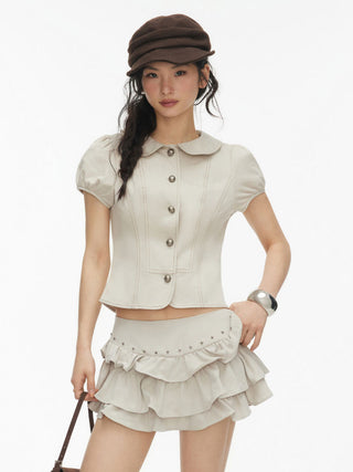 Cotton-blend Peter Pan Collar Puff Sleeve Blouse