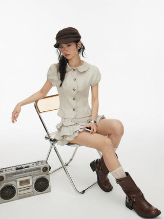 Cotton-blend Peter Pan Collar Puff Sleeve Blouse