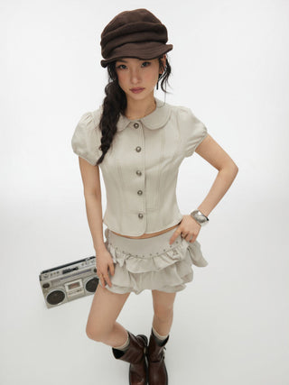 Cotton-blend Peter Pan Collar Puff Sleeve Blouse