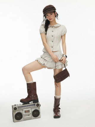 Cotton-blend Peter Pan Collar Puff Sleeve Blouse