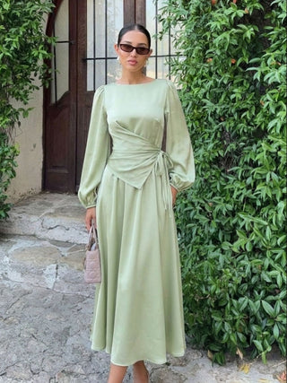 Satin Boat Neck Lantern Sleeve Asymmetrical Maxi Dress
