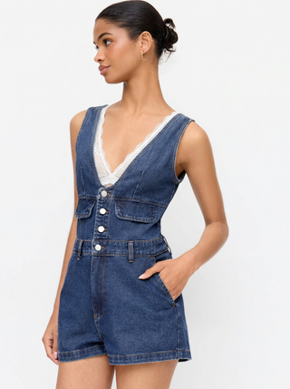 Denim V-Neck Button Front Metal Detail Jumpsuit