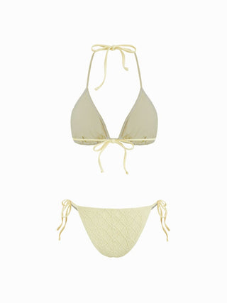 Cotton-blend Geometric Floral Lace Halter Neck Triangle Bikini Set