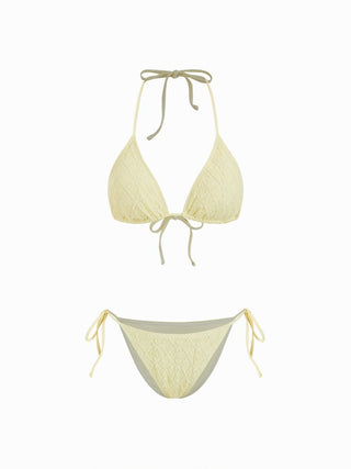 Cotton-blend Geometric Floral Lace Halter Neck Triangle Bikini Set