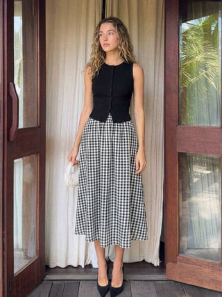 Cotton Button Top &  Gingham A-line Maxi Skirt Set