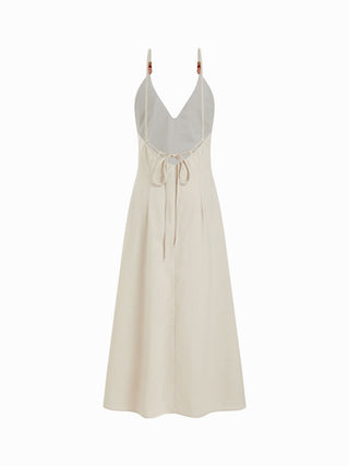 Woven Linen-blend V-neck Ruched Flared Maxi Dress For Daily Casual Vacation