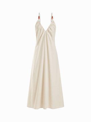 Woven Linen-blend V-neck Ruched Flared Maxi Dress For Daily Casual Vacation