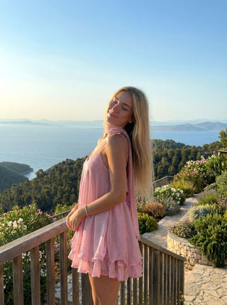 Sequin V-Neck Halter Ruffled Hem Oversized Mini Dress With Scarf