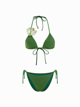 Halter Neckline Flower Detail Tie Side Triangle Bikini Set With Sarong