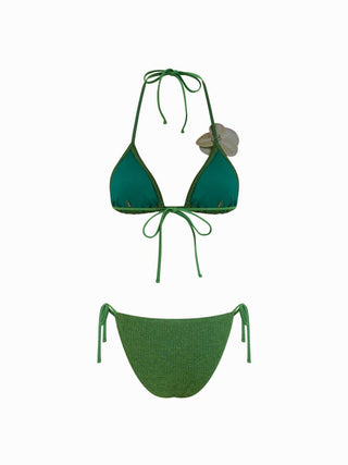 Halter Neckline Flower Detail Tie Side Triangle Bikini Set With Sarong