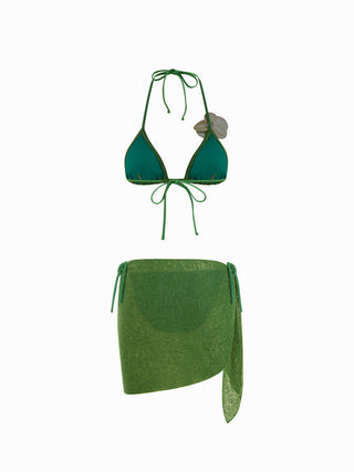 Halter Neckline Flower Detail Tie Side Triangle Bikini Set With Sarong