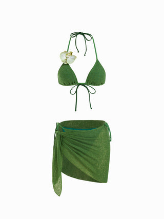 Halter Neckline Flower Detail Tie Side Triangle Bikini Set With Sarong