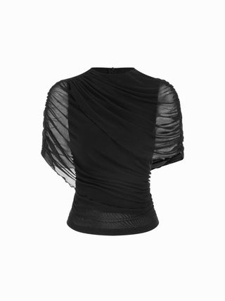 Mesh Round Neckline Ruched Short Sleeve Top