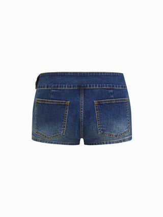 Washed Denim Low Rise Metal Buckle Belted Micro Shorts