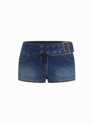 Washed Denim Low Rise Metal Buckle Belted Micro Shorts