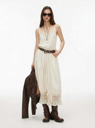 V-neck Lace Panel Oversized Drawstring Bloomer Jumpsuit