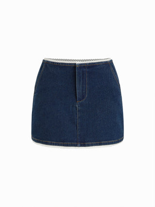 Stretch Denim High Rise Lace Trim Pencil Mini Skirt