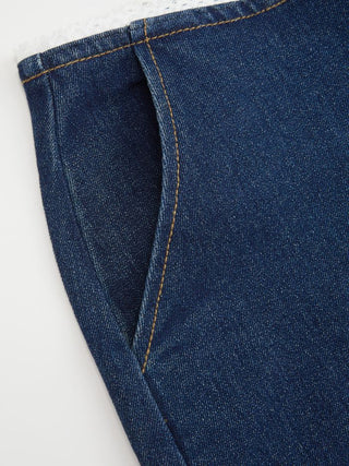 Stretch Denim High Rise Lace Trim Pencil Mini Skirt