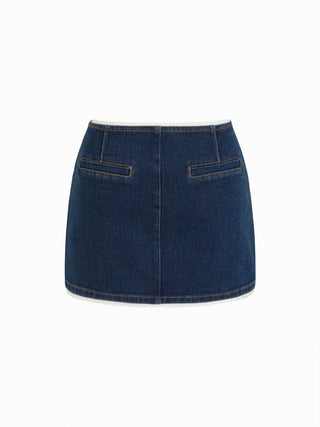 Stretch Denim High Rise Lace Trim Pencil Mini Skirt