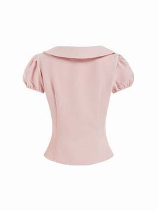 Woven Puff Sleeve Peter Pan Collar Button Front Blouse For Daily Casual Date
