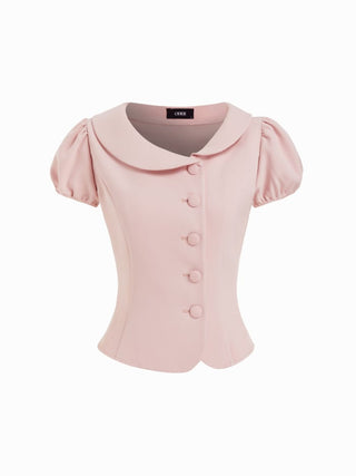 Woven Puff Sleeve Peter Pan Collar Button Front Blouse For Daily Casual Date