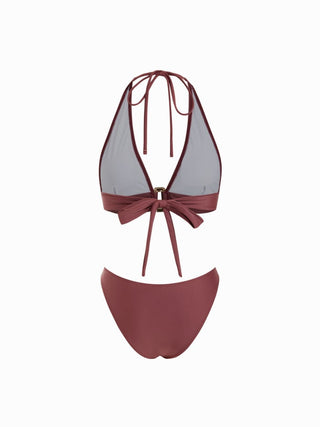 Halter Neckline Ruched Metal Detail Bikini Set