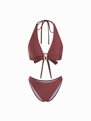 Halter Neckline Ruched Metal Detail Bikini Set