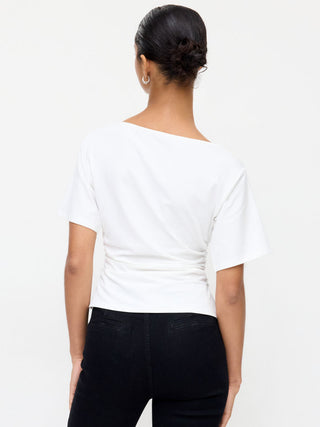 Cotton-blend Boat Neck Ruched Asymmetrical Hem Short Sleeve Tee