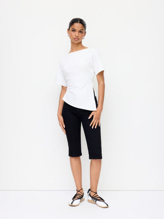 Cotton-blend Boat Neck Ruched Asymmetrical Hem Short Sleeve Tee