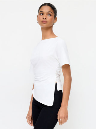 Cotton-blend Boat Neck Ruched Asymmetrical Hem Short Sleeve Tee