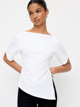 Cotton-blend Boat Neck Ruched Asymmetrical Hem Short Sleeve Tee