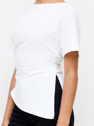 Cotton-blend Boat Neck Ruched Asymmetrical Hem Short Sleeve Tee