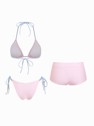 Floral Halter Neckline Tie Side Triangle Bikini Set With Cover Up Shorts
