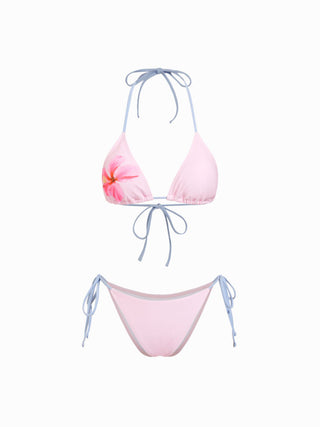 Floral Halter Neckline Tie Side Triangle Bikini Set With Cover Up Shorts