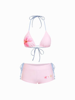 Floral Halter Neckline Tie Side Triangle Bikini Set With Cover Up Shorts