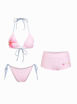 Floral Halter Neckline Tie Side Triangle Bikini Set With Cover Up Shorts