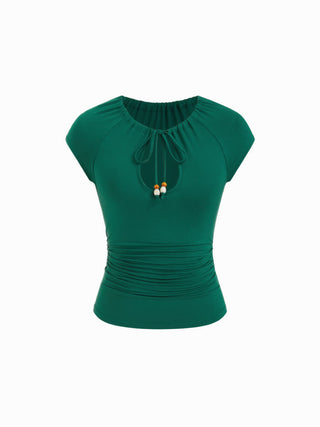 Jersey Raglan Sleeve Drawstring Scoop Neck Metallic Decor Tee For Daily Casual Vacation