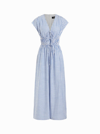 Cotton-blend V-neck Stripes Drawstring Wide Leg Jumpsuit
