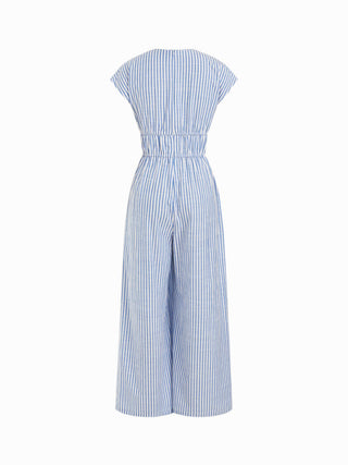 Cotton-blend V-neck Stripes Drawstring Wide Leg Jumpsuit