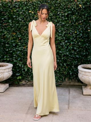 Satin V-neck Twist Knotted Flared Maxi Dress
