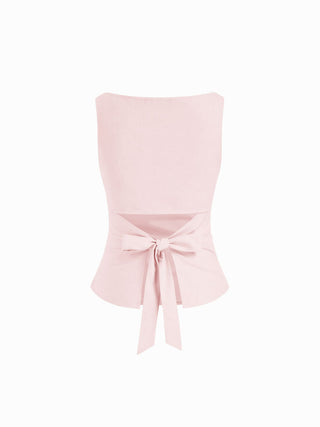 Linen-blend Boat Neckline Solid Bowknot Tank Top