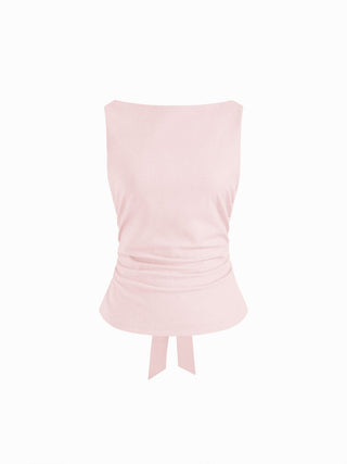 Linen-blend Boat Neckline Solid Bowknot Tank Top