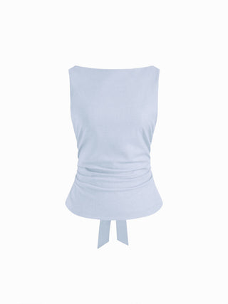 Linen-blend Boat Neckline Solid Bowknot Tank Top