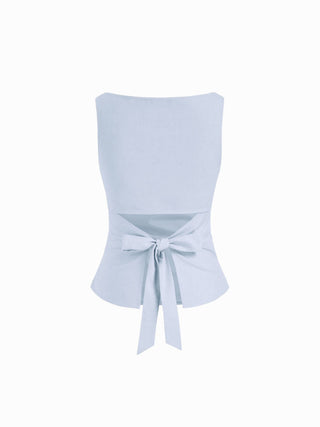 Linen-blend Boat Neckline Solid Bowknot Tank Top