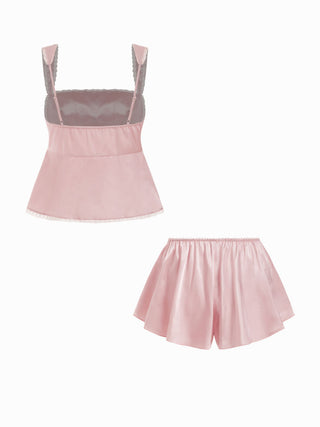 Satin Lace Trim Bowknot Tank Top & Low Rise Shorts Loungewear Set