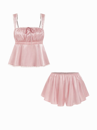 Satin Lace Trim Bowknot Tank Top & Low Rise Shorts Loungewear Set